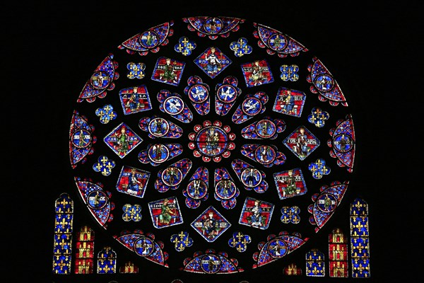 Leaded glass window rosette of the north transept in the Cathedral Notre Dame of Chartres