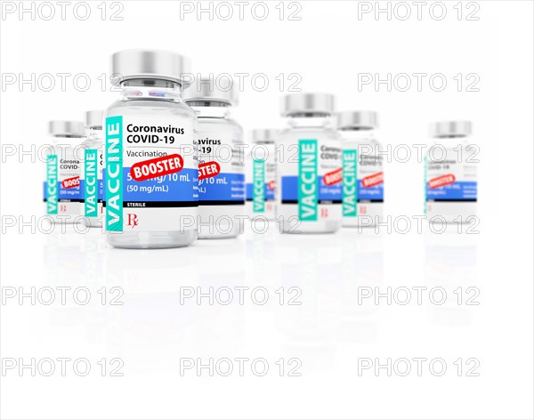 Coronavirus COVID-19 vaccine booster vials on white background