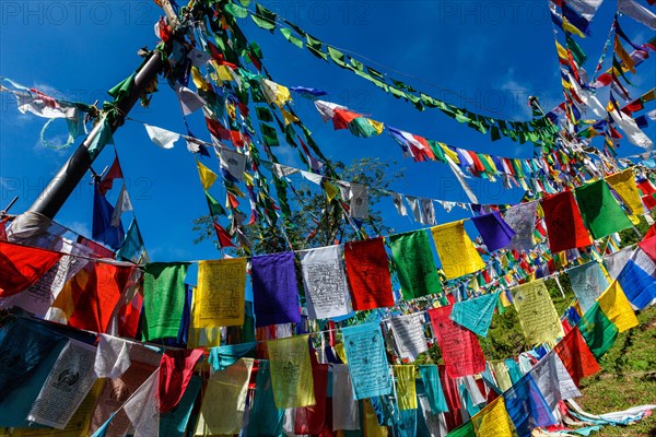 Buddhist prayer flags lungta with Om Mani Padme Hum Buddhist mantra prayer meaning Praise to the Jewel in the Lotus on kora around Tsuglagkhang complex