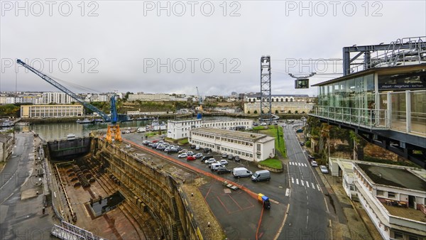 French Navy shipyard site with dry dock on the river Penfeld in the centre of Brest shortly in front of the confluence with the Bay of Brest