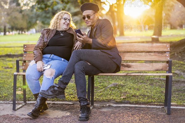 Gay friends sitting on a bench in a park at sunset chatting and looking at the cell phone