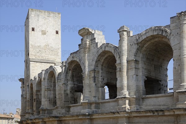 Roman arena amphitheatre with preserved medieval tower