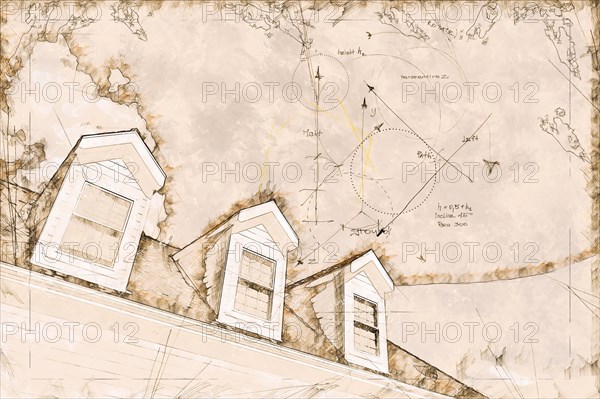 Artist rendering sketch of residential roof and dormers