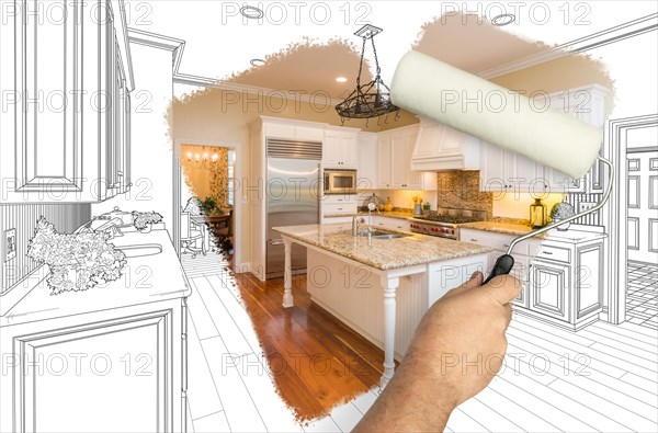 Before and after of man painting roller to reveal newly remodeled kitchen under pencil drawing plans
