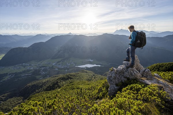 Hiker standing on a rock between mountain pines