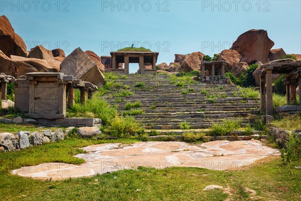 Tourist indian landmark Ancient ruins in Hampi. Hampi Bazaar