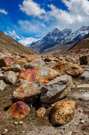 Stone boulders in Lahaul Valley in indian Himalayas