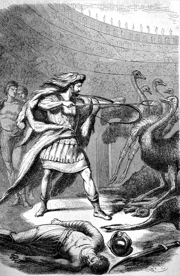 Gladiator Commodus fights ostriches in the circus