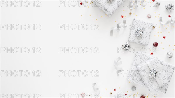 Assortment of festive wrapped presents with copy space