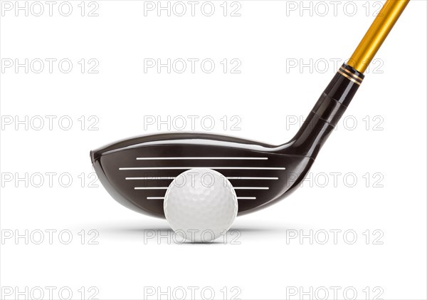 Fairway wood golf club and golf ball on white background