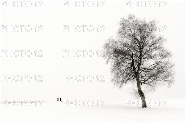 Einsame Frau knieend an Marterl mit Baum in Winterlandschaft