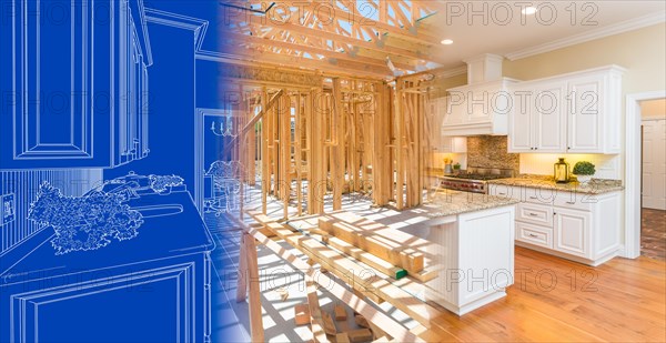 Kitchen blueprint drawing gradating into house construction framing then into finished build