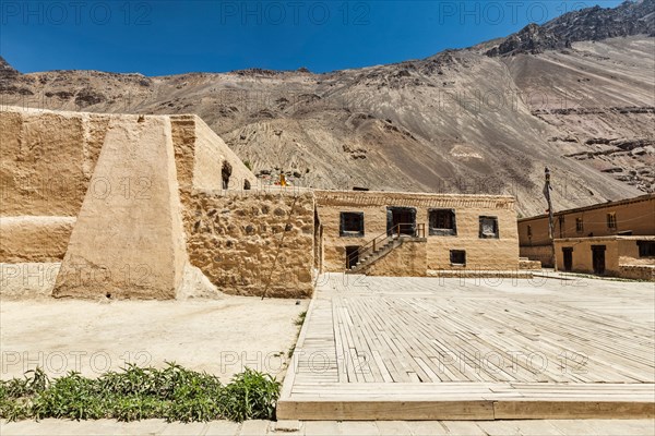 Tabo monastery of Tibetan Buddhist Gelug sect made of clay in Tabo village. Monastery is built on high Himalaya plato in tradition of Tibetan Buddhism. Tabo