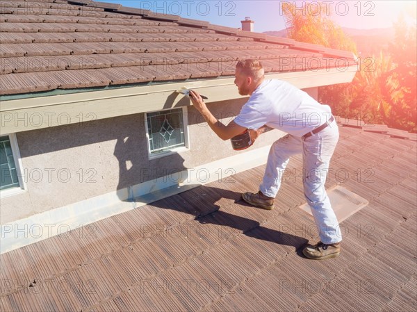 Professional painter using A brush to paint house facade