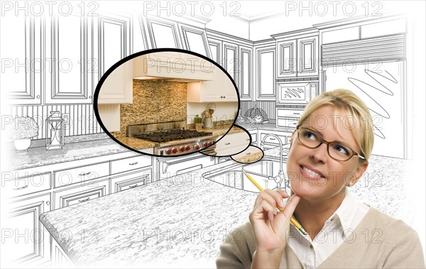 Creative woman with pencil over custom kitchen drawing and thought bubble photo combination