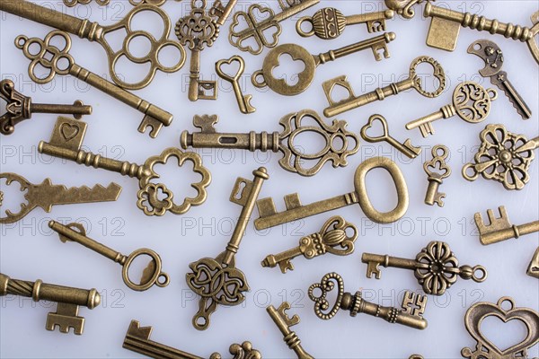 Retro style metal keys on a white background