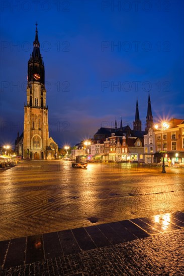 Nieuwe Kerk New Church protestant church on Delft Market Square Markt in the evening. Delfth