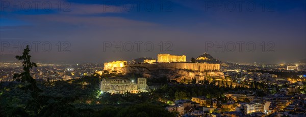 Panorama of Parthenon Temple and Amphiteater are iconic greek tourist landmark at Acropolis of Athens and ancient European civilization architecture