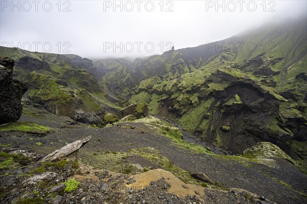 View into rugged moss-covered canyon with tufa rock formations