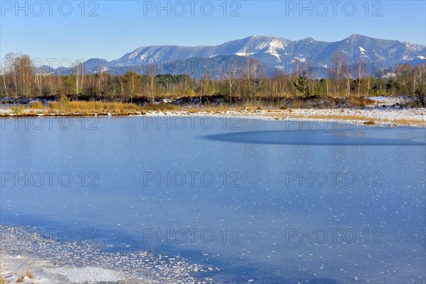 Frozen moor pond with hoarfrost