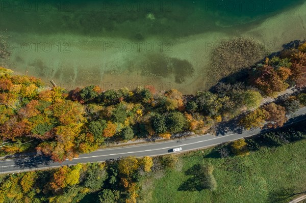 View from above of a moving car on a road next to a lakeshore in autumn