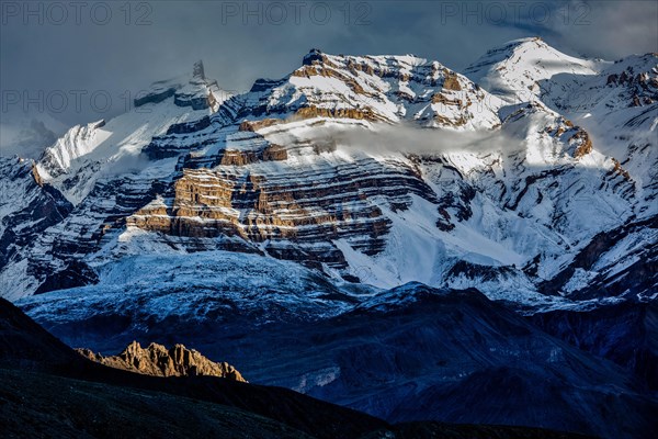 Himalayas snowcapped summit mountains in snow. Near Dhankar