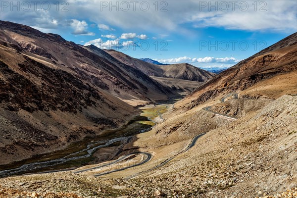 View of valley with road near Tanglang la Pass