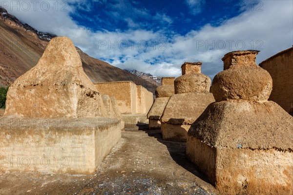 Buddhist Tabo monastery building and gompas made of clay in Tabo village Spiti Valley