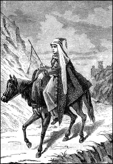 Girl from the Caucasus in men's clothes on horseback travelling