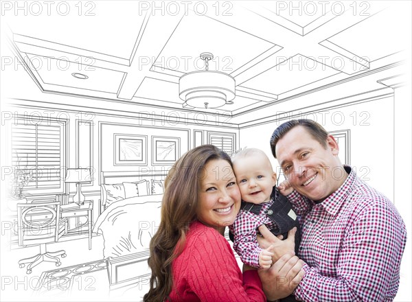 Happy young family with baby over custom bedroom drawing