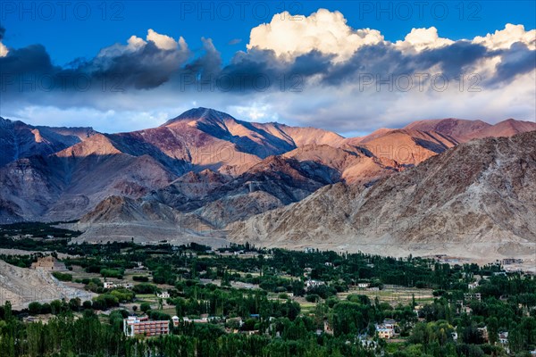 View of Leh town from above from Shanti Stupa on sunset
