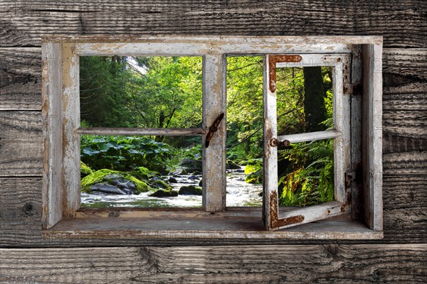 View through a rustic wooden window into the Wutach Gorge