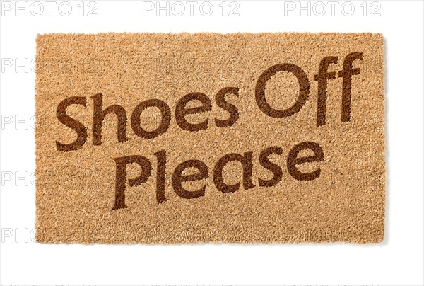 Shoes off welcome mat isolated on A white background