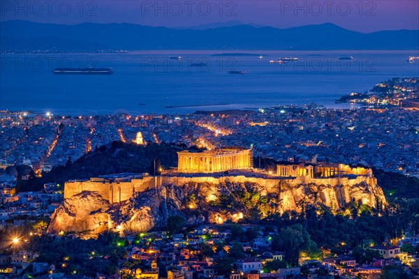 Parthenon Temple on hill is the antique tourist landmark at the Acropolis of Athens and ancient European civilization architecture on Aegean sea coast