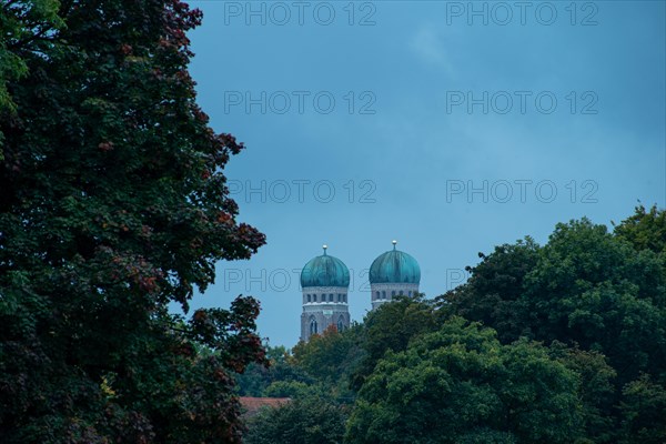 The tops of the onion domes of the Munich Church of Our Lady