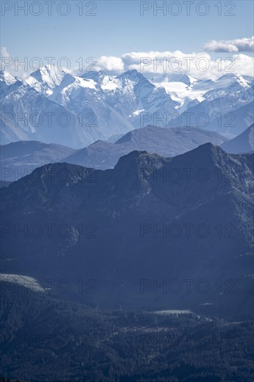 Snow-covered mountain peaks on the main ridge of the Alps