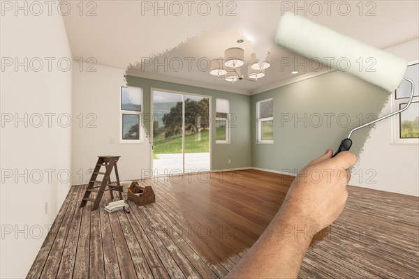 Before and after of man painting roller to reveal newly remodeled room with fresh light green paint and new floors