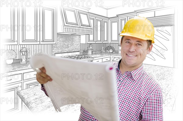 Smiling contractor holding blueprints over custom kitchen drawing