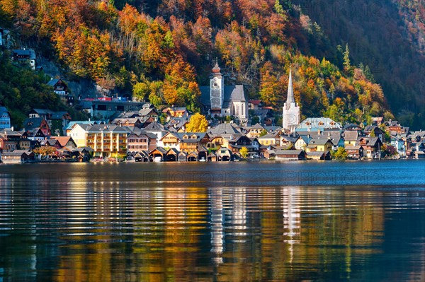 Austrian tourist destination Hallstatt village on Hallstatter See lake in Austrian alps