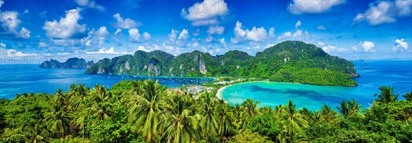 Panorama of tropical islands Phi Phi Don and Phi Phi Leh in sea. Crabi