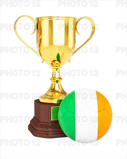 3d rendering of gold trophy cup and soccer football ball with Austria flag isolated on white background