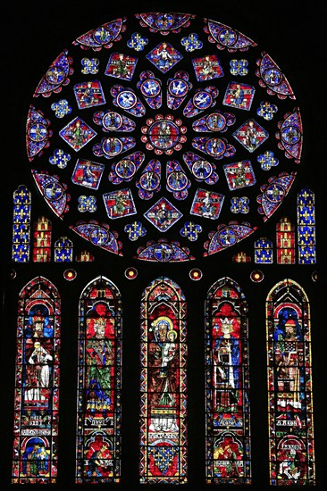 Leaded glass window rosette of the north transept in the Cathedral Notre Dame of Chartres