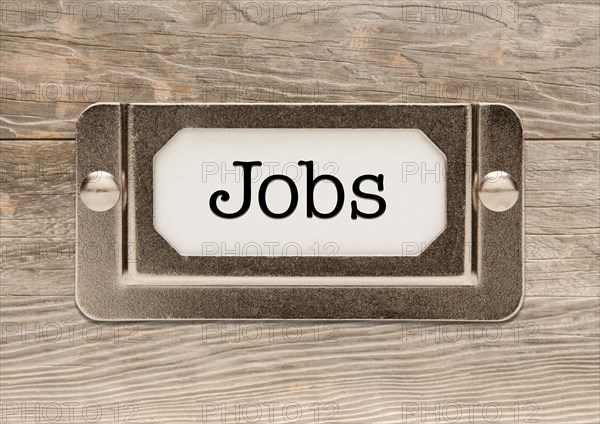 Jobs only metal file label frame on wood background