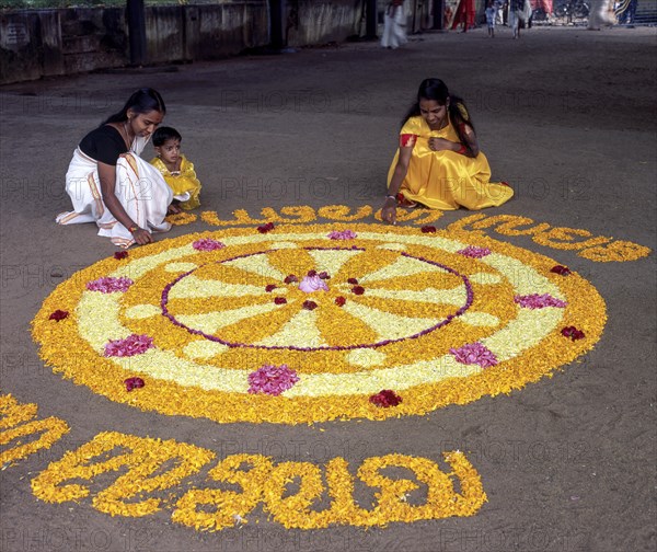 Aththapoovu or Floral decoration during Onam festival in front of Bhagavati temple in Kodungallur