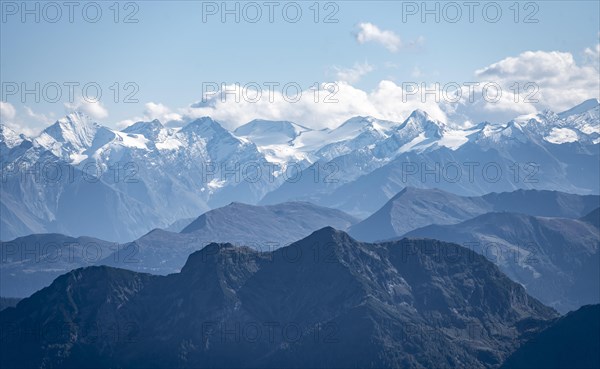 Snow-covered mountain peaks on the main ridge of the Alps