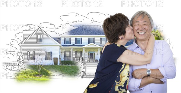 Attractive affectionate senior chinese couple in front of house sketch photo combination on white
