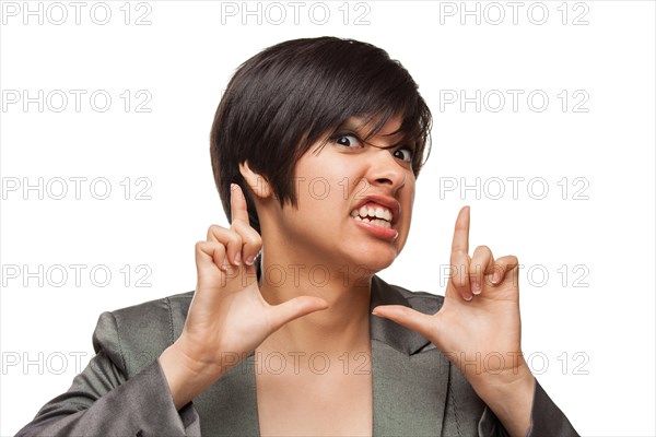 Goofy biracial girl framing her face with her hands isolated against white background