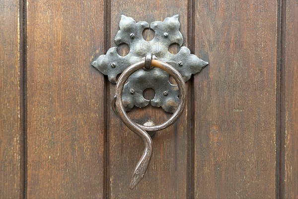 Snake figure as a door knocker on the door of a parish