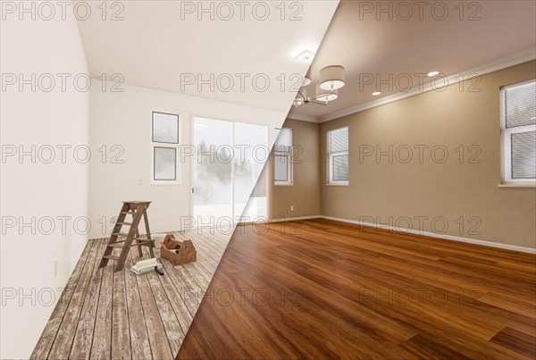 Unfinished raw and newly remodeled room of house before and after with wood floors