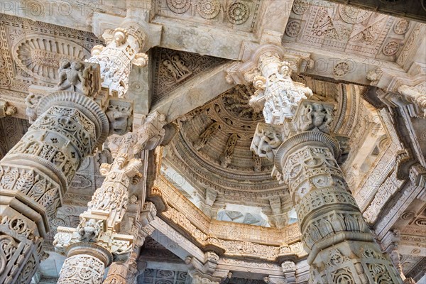 Columns pillars of beautiful Ranakpur Jain temple or Chaturmukha Dharana Vihara